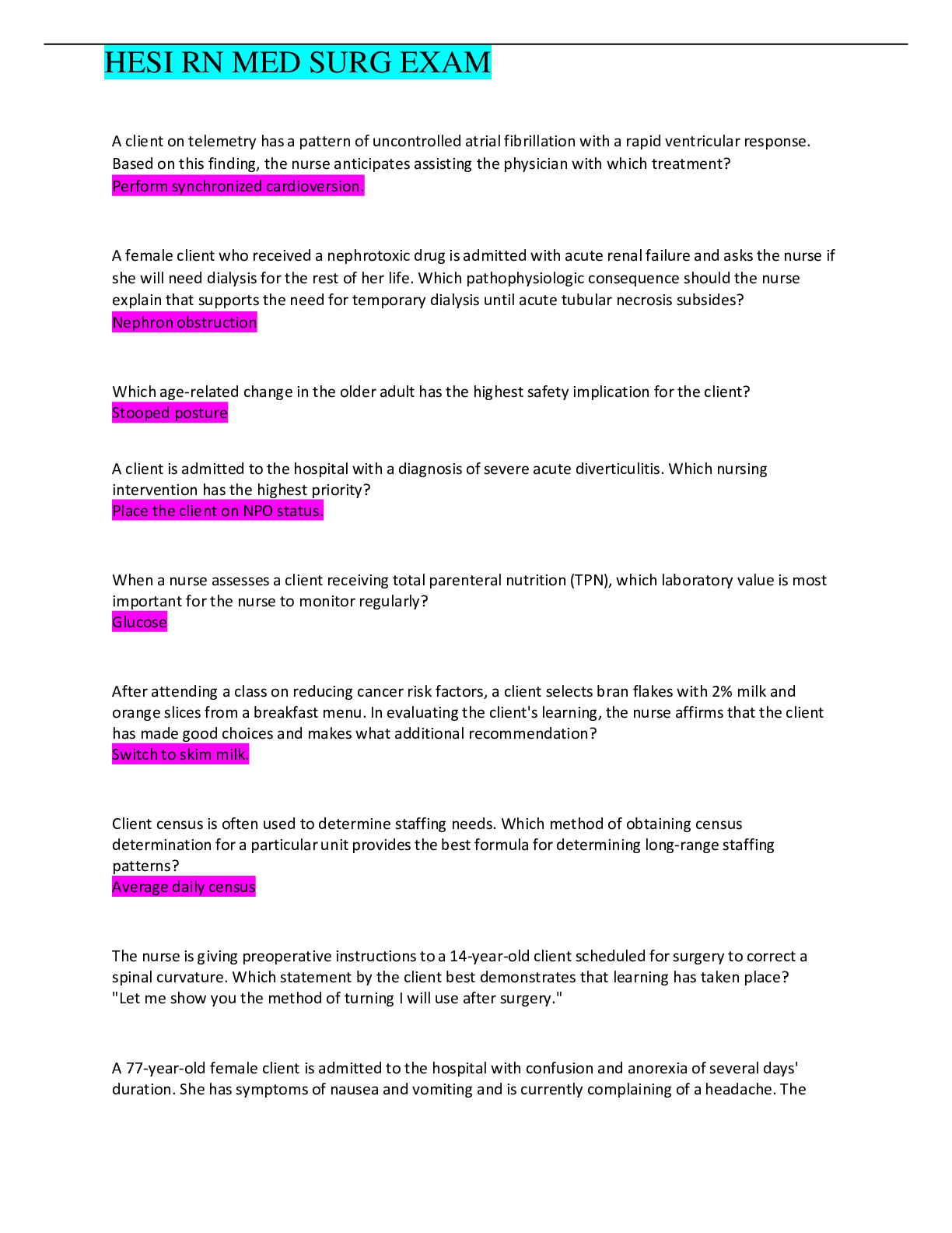 Preview image for HESI RN MED SURG V3 EXAM; Questions & Answers; A+Rated; Latest Updated